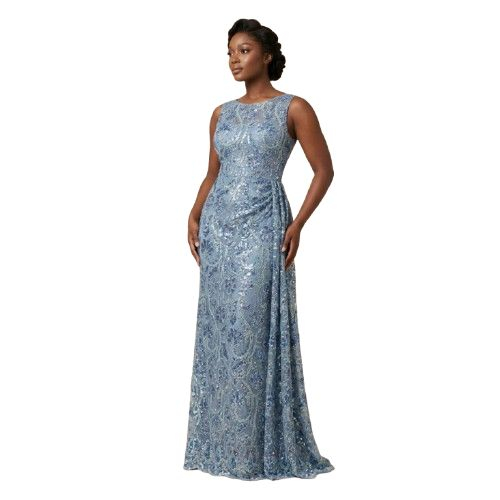 Floral Embroidered Blue Sequin Lace Fabric
