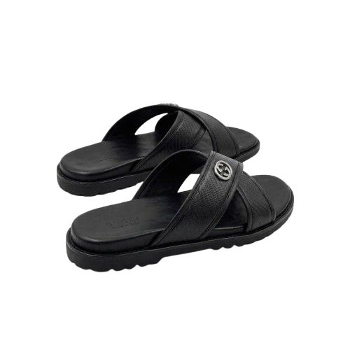 Mens Textured Cross Strap Slides with Silver Emblem