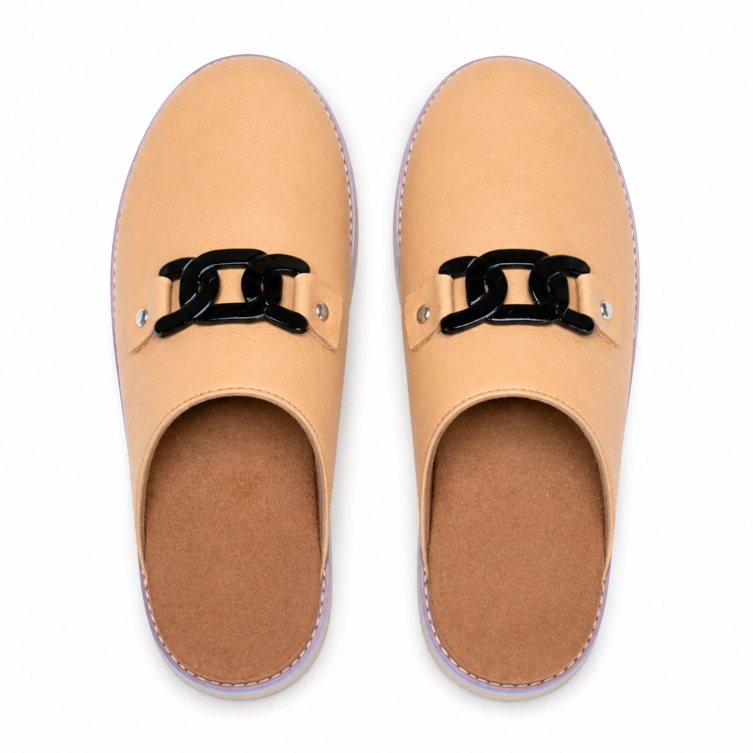 Luxury Beige leather Chain Detail Mule Slides