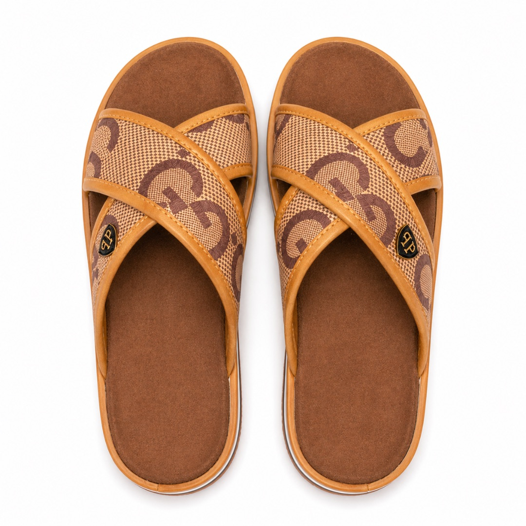 Quality Men Brown Designer Monogram Cross Strap Slides