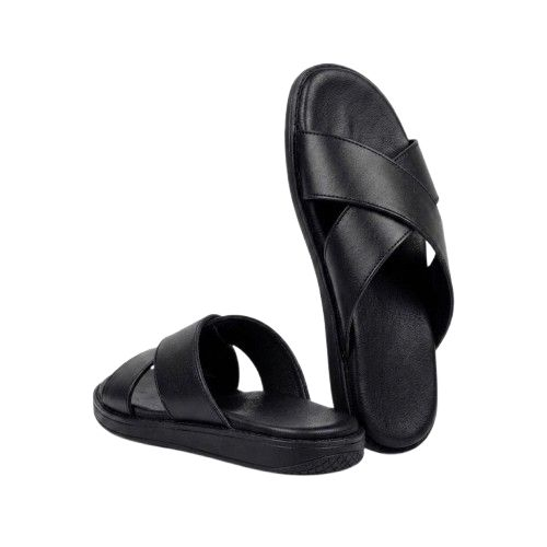Mens Smooth Black Cross Strap Slides