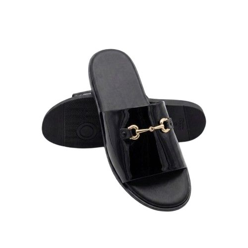 Mens Glossy Black Slides with Gold Tone Horsebit Detail