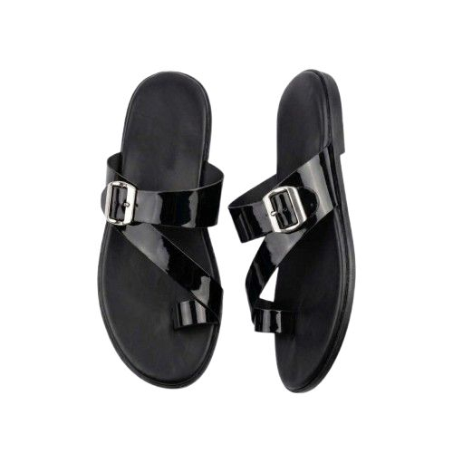 Mens Glossy Asymmetric Strap Sandals with Silver Buckle