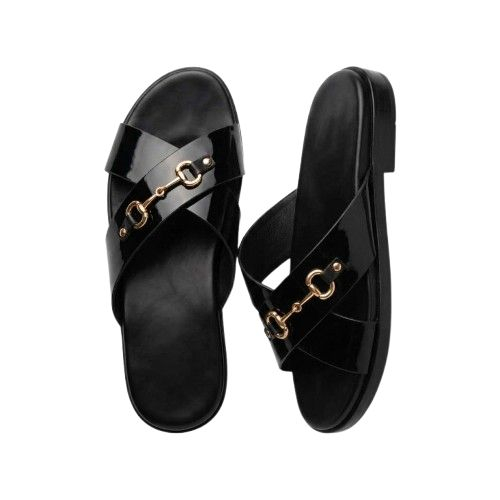 Mens Glossy Cross Strap Slides with Gold Horsebit Detail