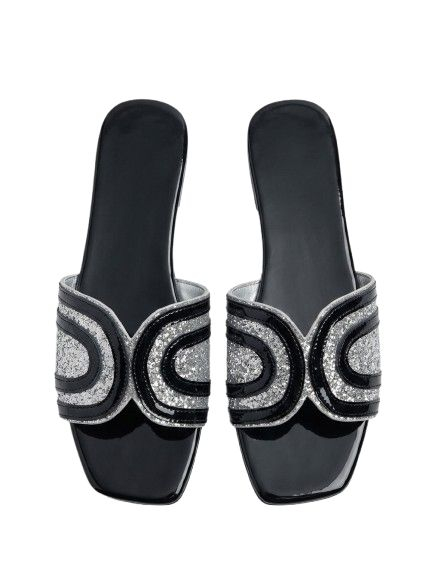 Square Toe Metallic Embroidered Slip On Sandal