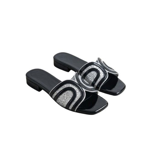 Square Toe Metallic Embroidered Slip On Sandal