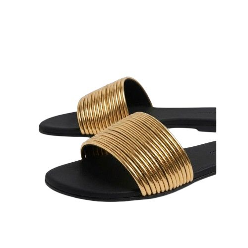 Metallic Ribbed Strap Flat Slide Sandals