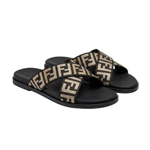 Black Cross Strap Slide Sandals with Geometric Pattern