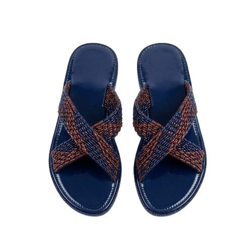 Premium Blue and Brown Beaded Crossover Slide Sandals