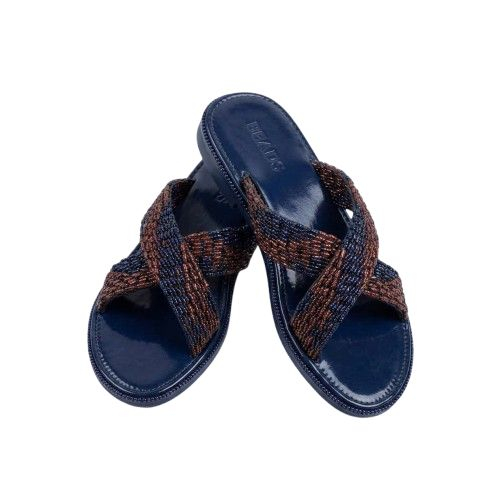 Premium Blue and Brown Beaded Crossover Slide Sandals