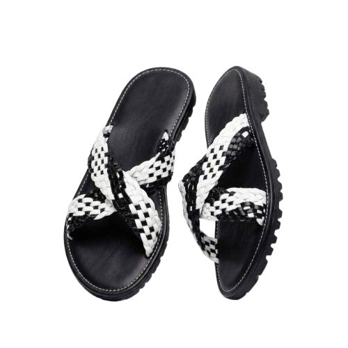 Premium Leather Woven Checkered Crossover Slide Sandals