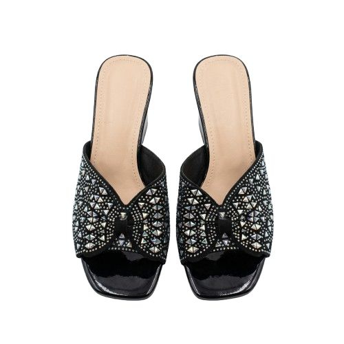 Sparkling Black Crystal Bow Wedge Mules