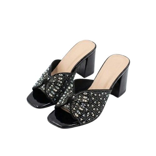 Sparkling Black Crystal Bow Wedge Mules