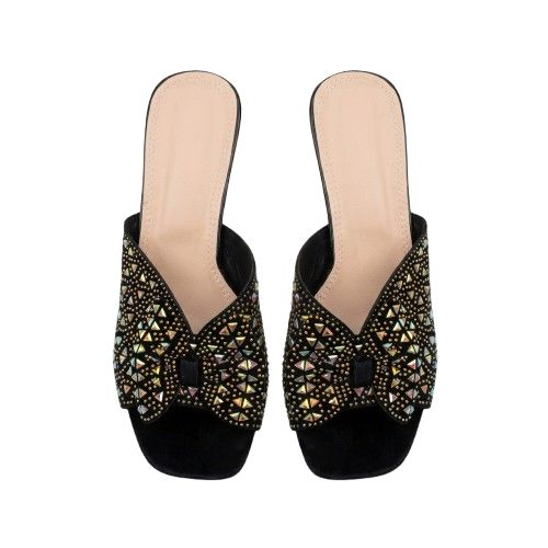 Elegant Black Crystal Bow Block Heel Mules