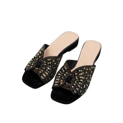 Elegant Black Crystal Bow Block Heel Mules