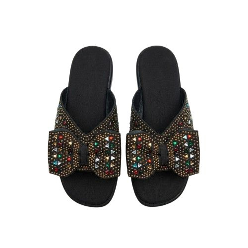 Multicolor Gem Embellished Bow Slide Sandals