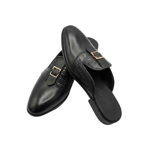 Mens Black Croc Embossed Buckle Mule Loafers