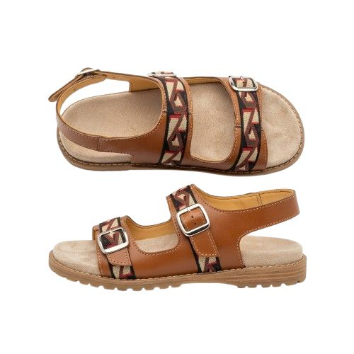 Tan Leather Multi Strap Sandals with Patterned Trim