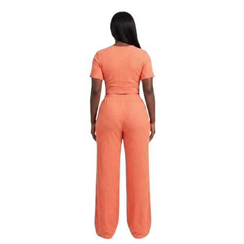 Textured Twist Front Crop Top and Wide Leg Trousers Set