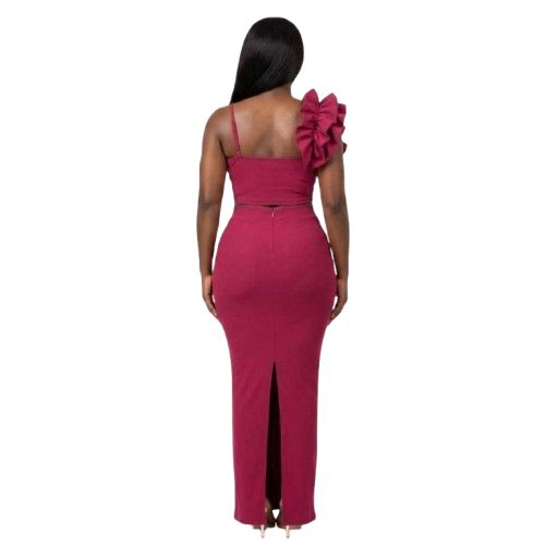 One Shoulder Ruffle Top and High Slit Midi Skirt Set