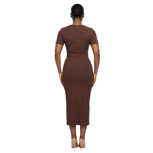 Twist Front Crop Top and Ruched Side Slit Midi Skirt Set
