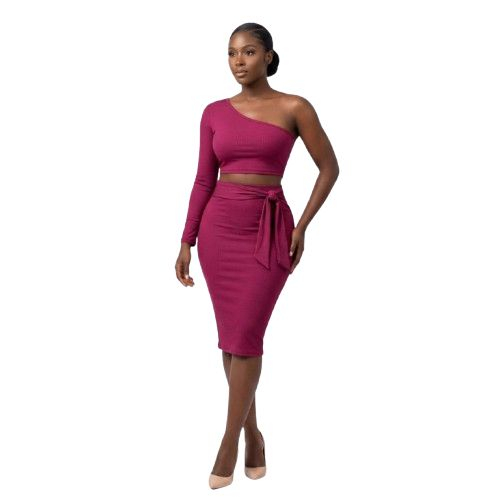 One Shoulder Long Sleeve Crop Top and Tie Waist Midi Skirt Set