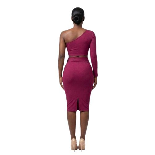 One Shoulder Long Sleeve Crop Top and Tie Waist Midi Skirt Set