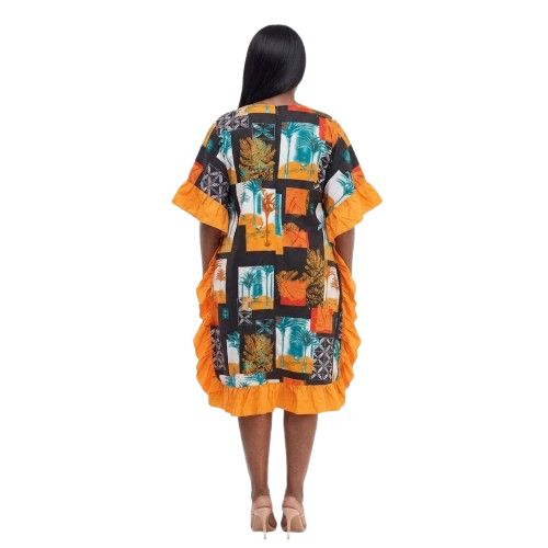 Tropical Print V Neck Kaftan Dress with Ruffle Trim