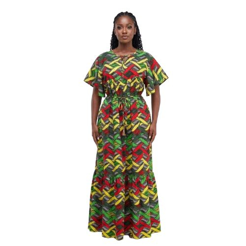 Vibrant Patterned Maxi Dress with Drawstring Waist