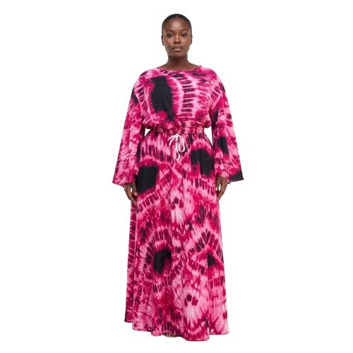 Pink and Black Tie Dye Maxi Dress with Flare Sleeves