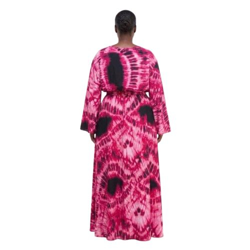 Pink and Black Tie Dye Maxi Dress with Flare Sleeves