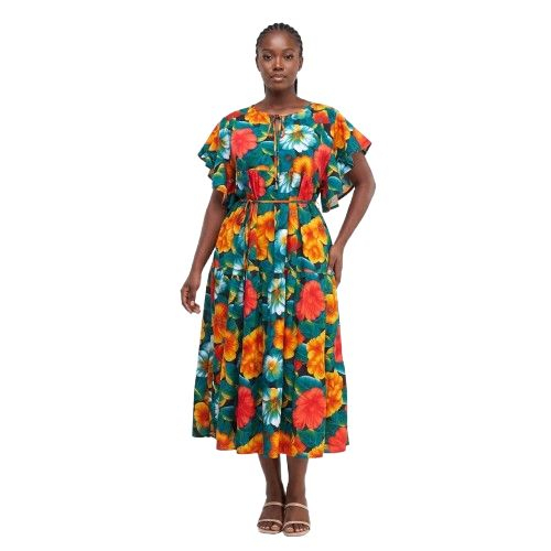 Vibrant Floral Print Flutter Sleeve Tiered Maxi Dress