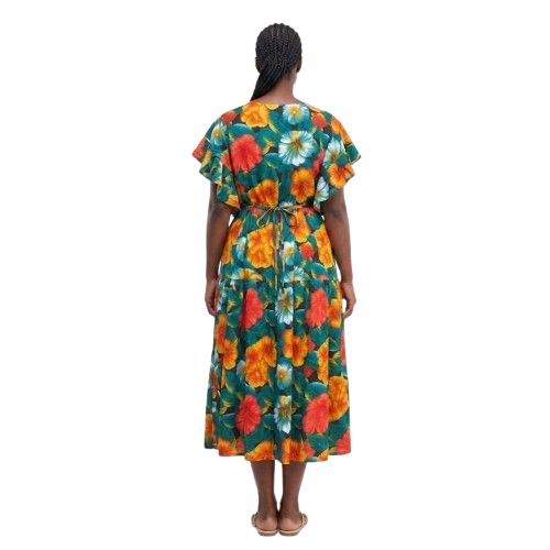 Vibrant Floral Print Flutter Sleeve Tiered Maxi Dress