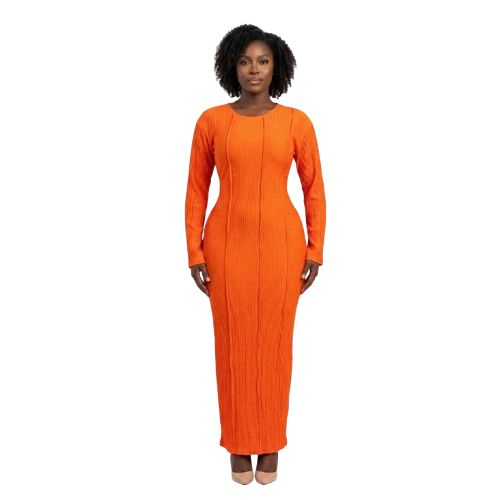 Vibrant Orange Textured Plisse Long Sleeve Maxi Dress