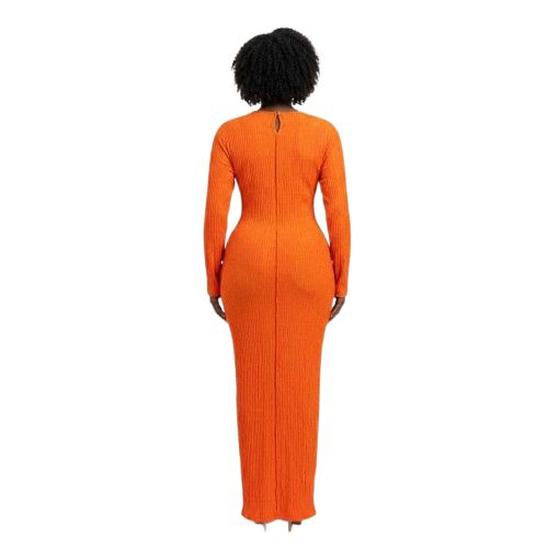 Vibrant Orange Textured Plisse Long Sleeve Maxi Dress