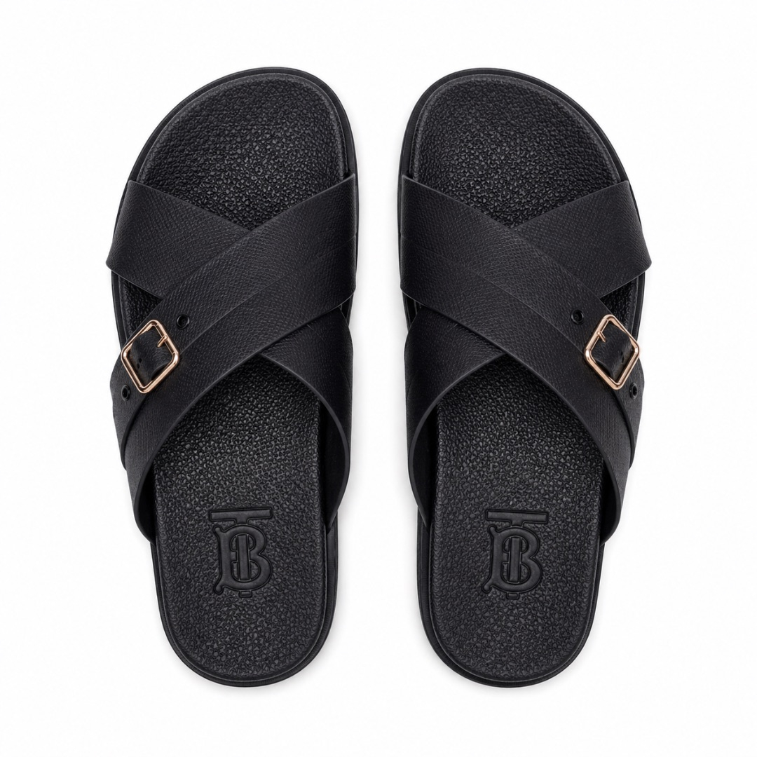 Mens Cross Strap Leather Slide Sandals with Buckle Detail