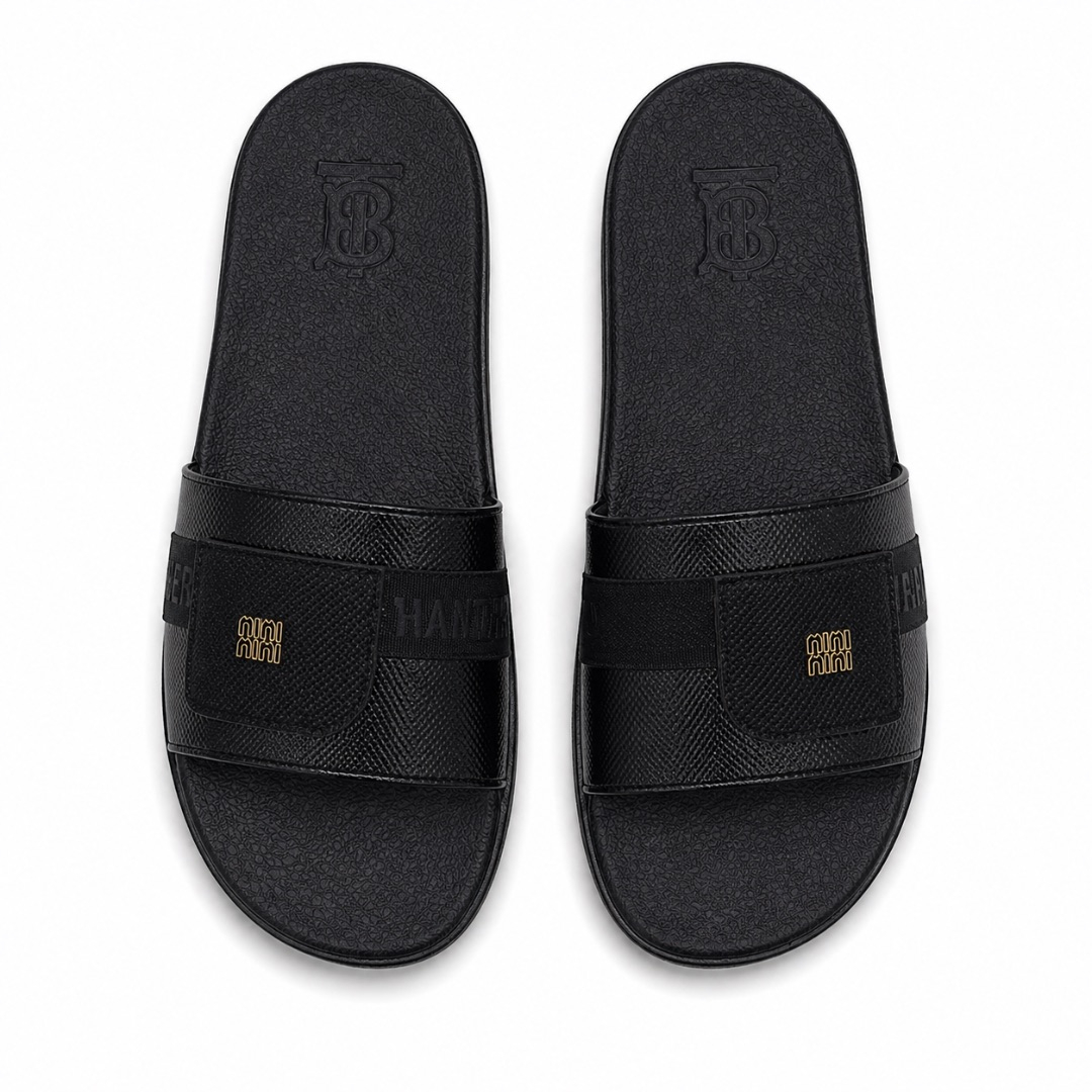 Mens Textured Black Logo Strap Slide Sandals