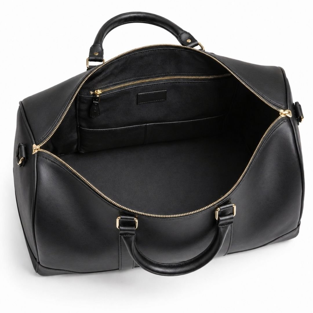 Premium Black Embossed Leather Travel Duffel Bag