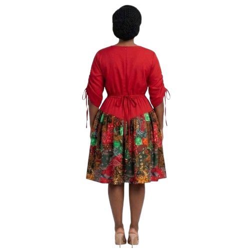 Red Flutter Sleeve Dress with Patterned Border Hem
