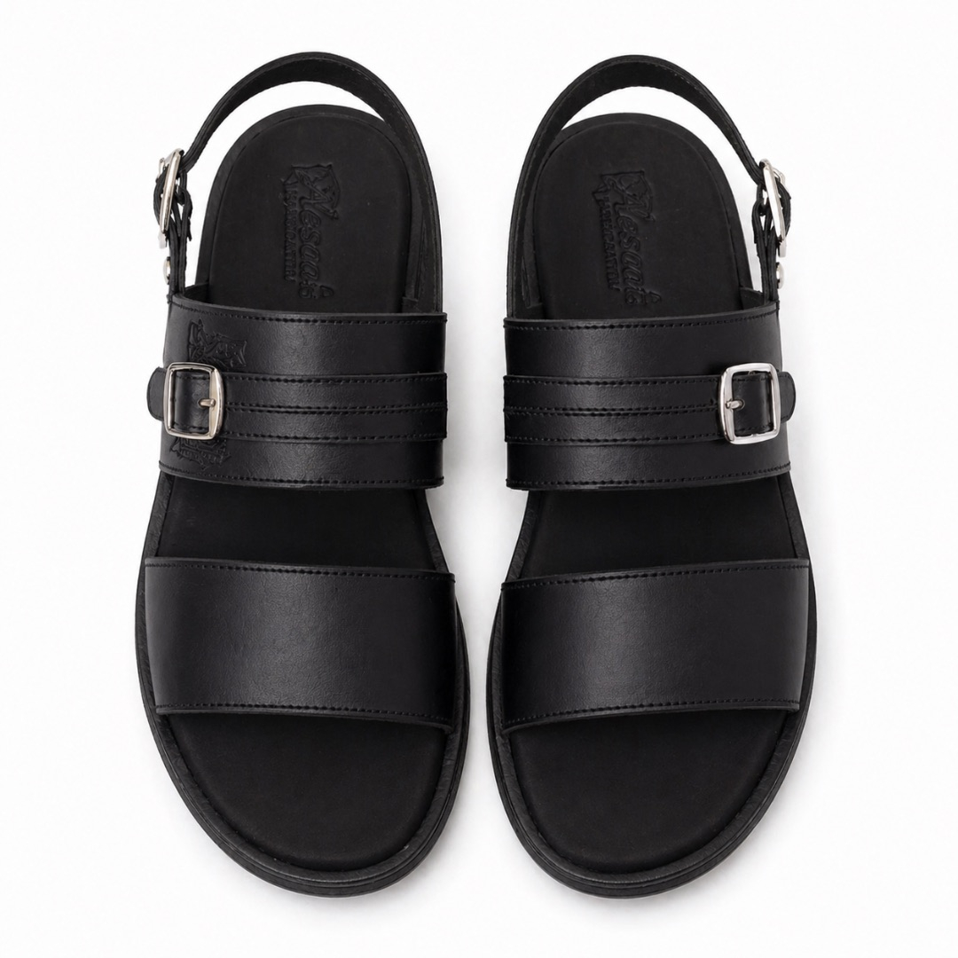 Mens Double Strap Leather Slide Sandals with Buckle Detail