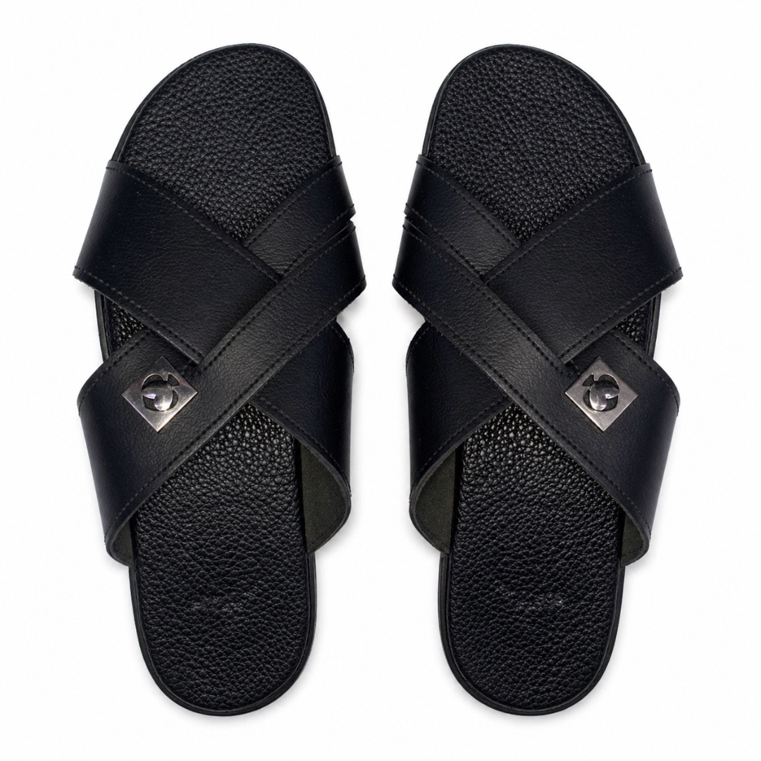 Mens Black Cross Strap Leather Slide Sandals with Minimal Buckle Accent