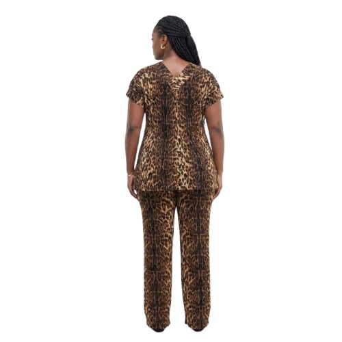 Two Piece Leopard Print Button Down Shirt and Ankle Length Pants