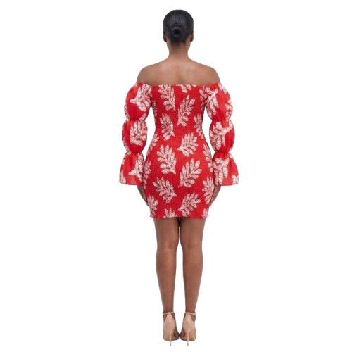 Stylish Off Shoulder Red Dress with White Leaf Patterns