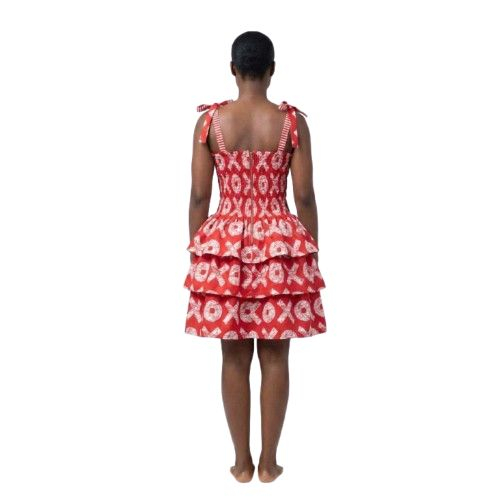 Red and White Patterned Sleeveless Smocked Dress with Adjustable Straps