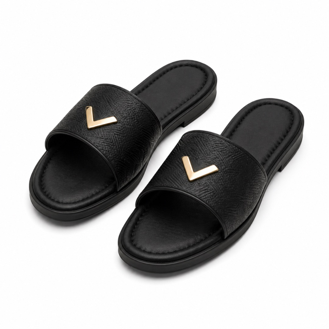 Quality Women Leather Slide Slippers with Gold Accent