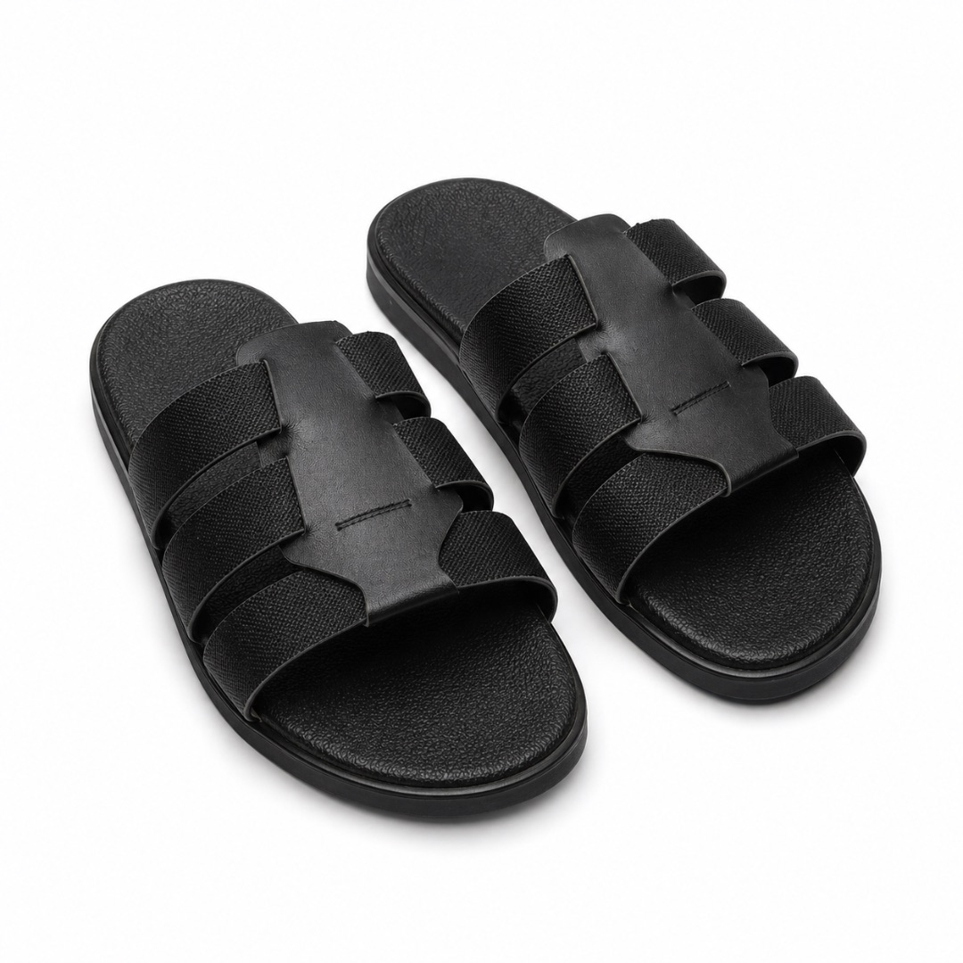 Mens black open weave Multi Strap Leather Slide Sandals