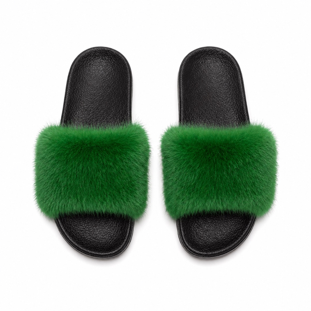 Quality women Green Plush Fluffy Strap Casual Slip On Sandals