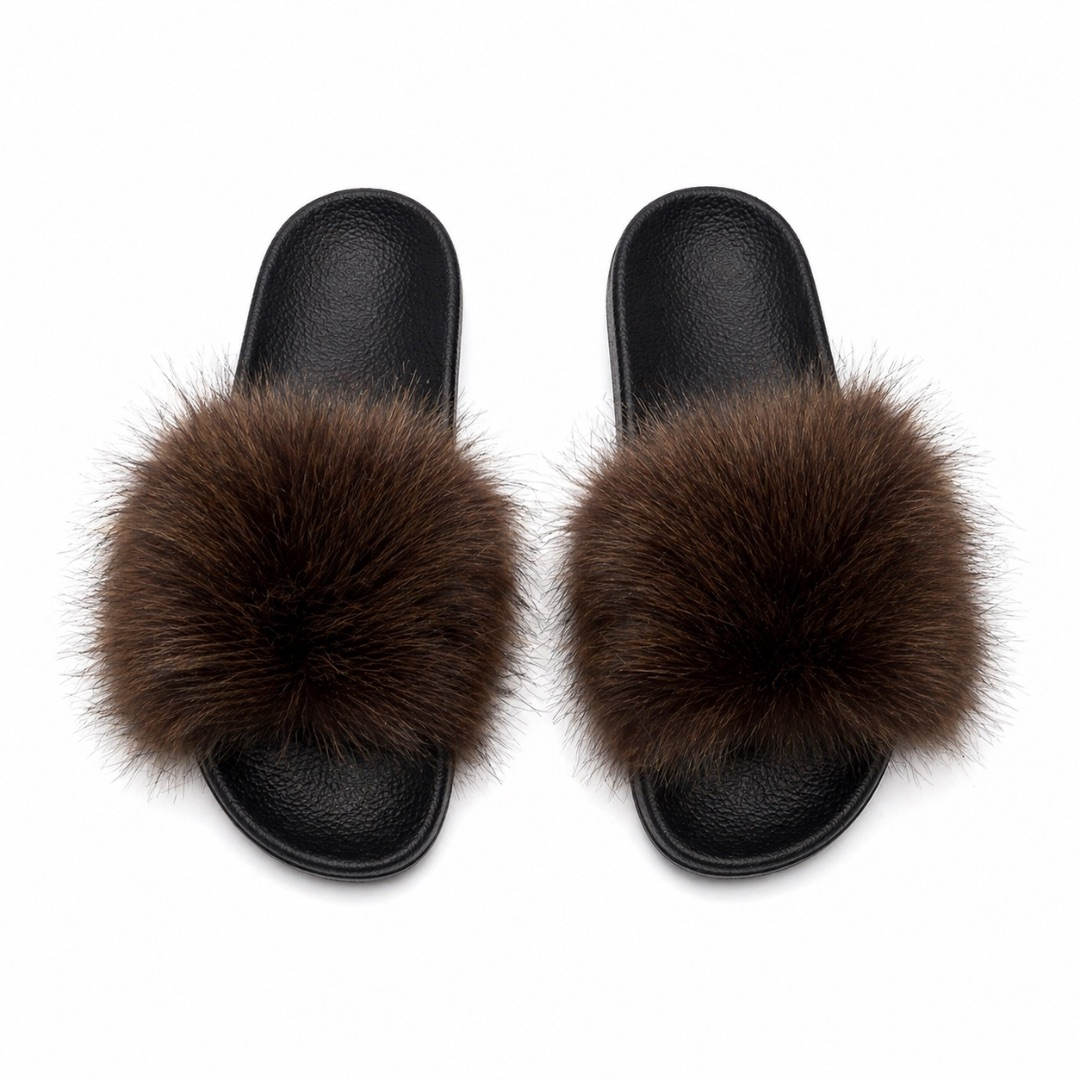 Quality women Brown Plush Fluffy Strap Casual Slip On Sandals