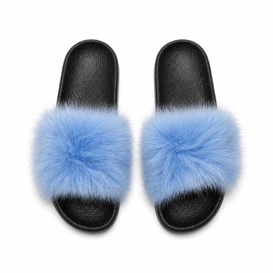 Quality women Light Blue Plush Fluffy Strap Casual Slip On Sandals