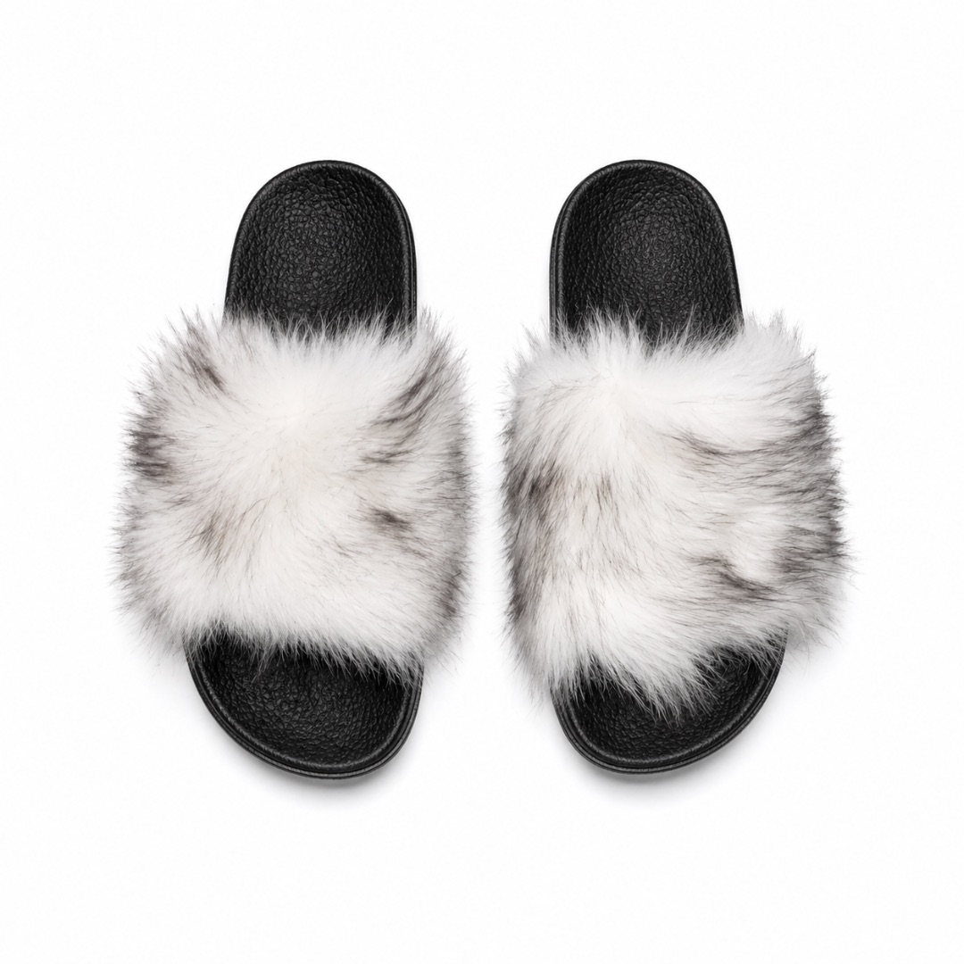 Quality women White and Grey Plush Fluffy Strap Casual Slip On Sandal